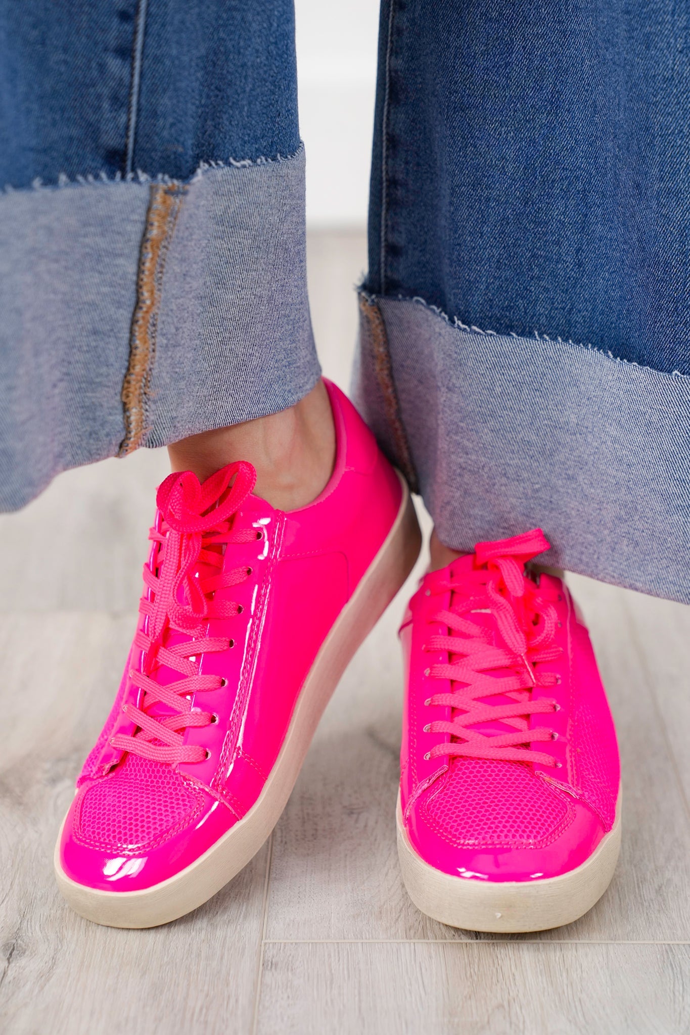 Patent Finish Low Top Sneaker with Mesh Panel Accents