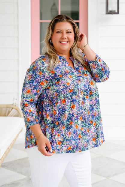 Plus/Reg Multi Color Print 3/4 Sleeve V Neck Blouse Top