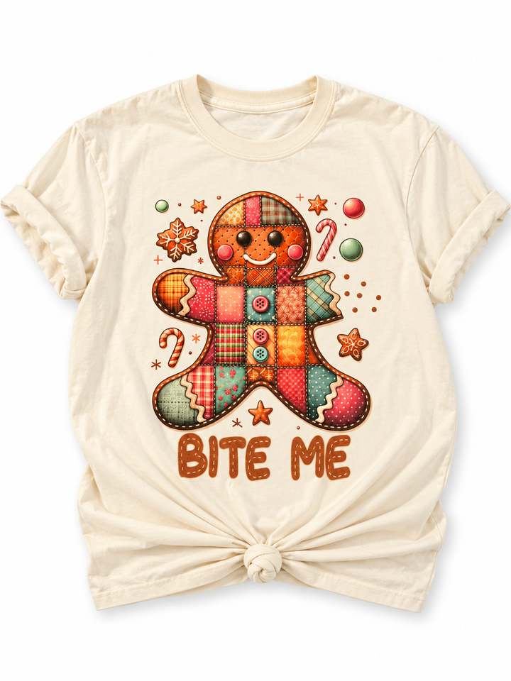 Plus/Reg Short Sleeve "Bite Me" Gingerbread Man Christmas Graphic Tee