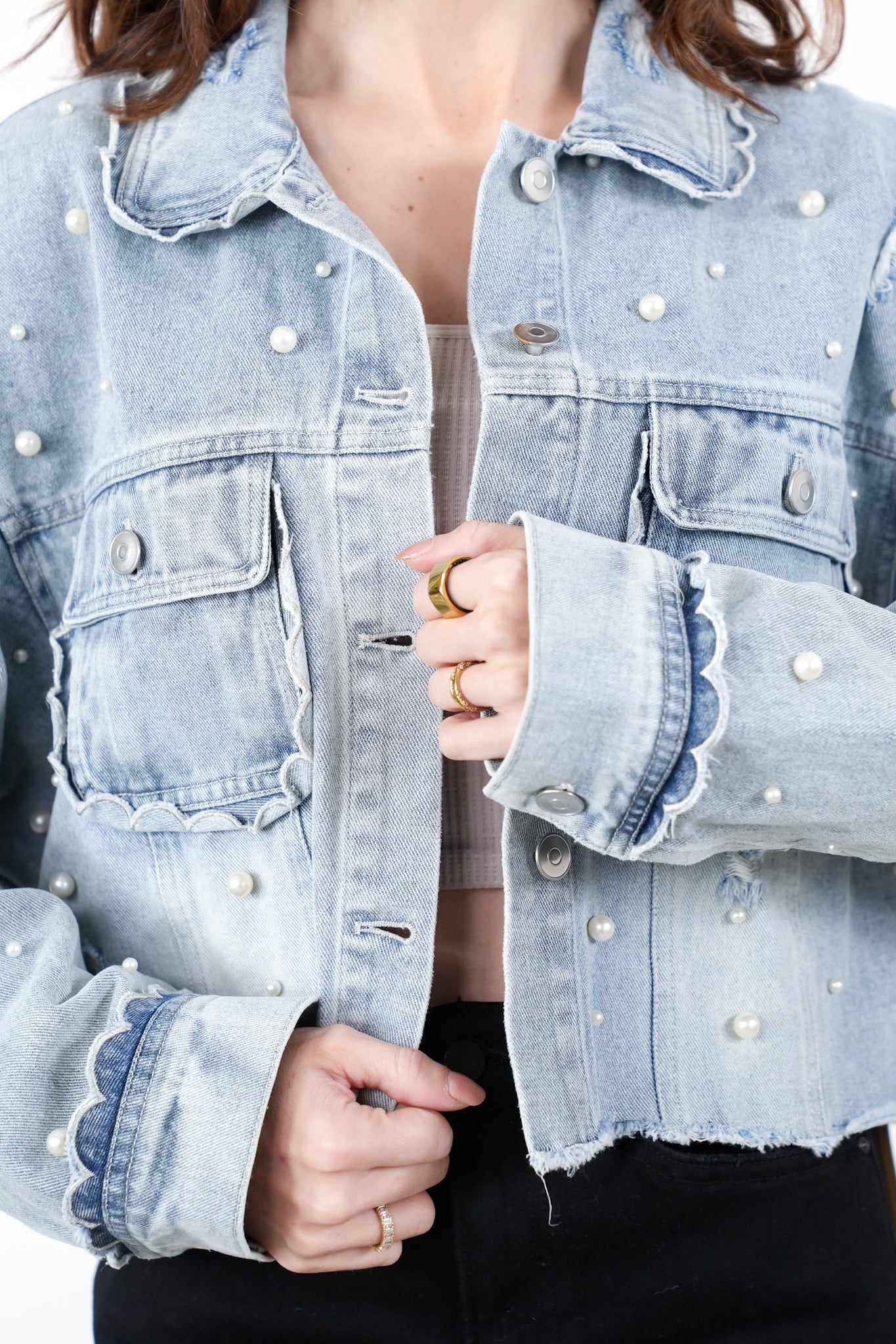 Distressed Light Denim Long Sleeve Button Down Jacket with Pearl Detail