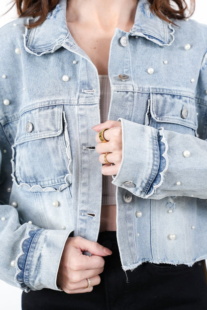 Distressed Light Denim Long Sleeve Button Down Jacket with Pearl Detail