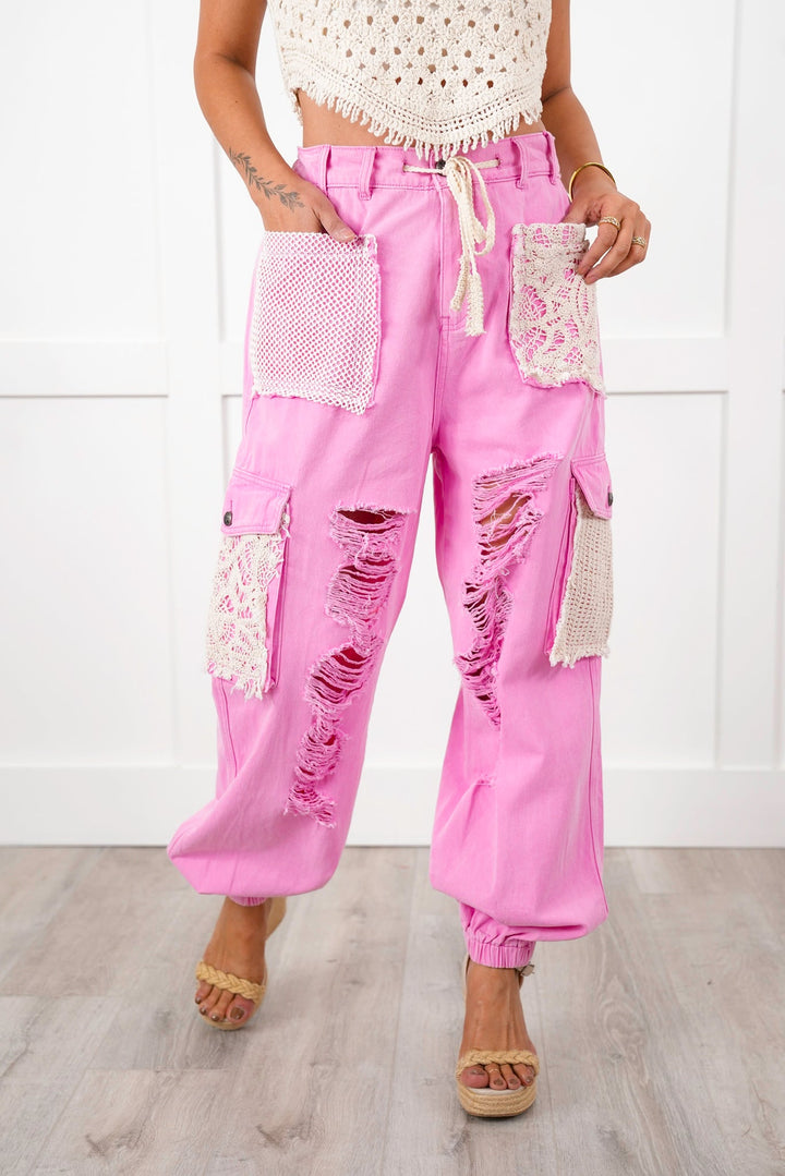 POL Distressed Jogger Pants with Crochet Detail