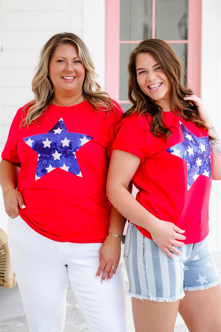 Plus/Reg Red Short Sleeve Top with Sequin Star Detail