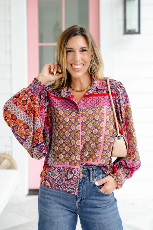 Boho Print Long Puff Sleeve Top