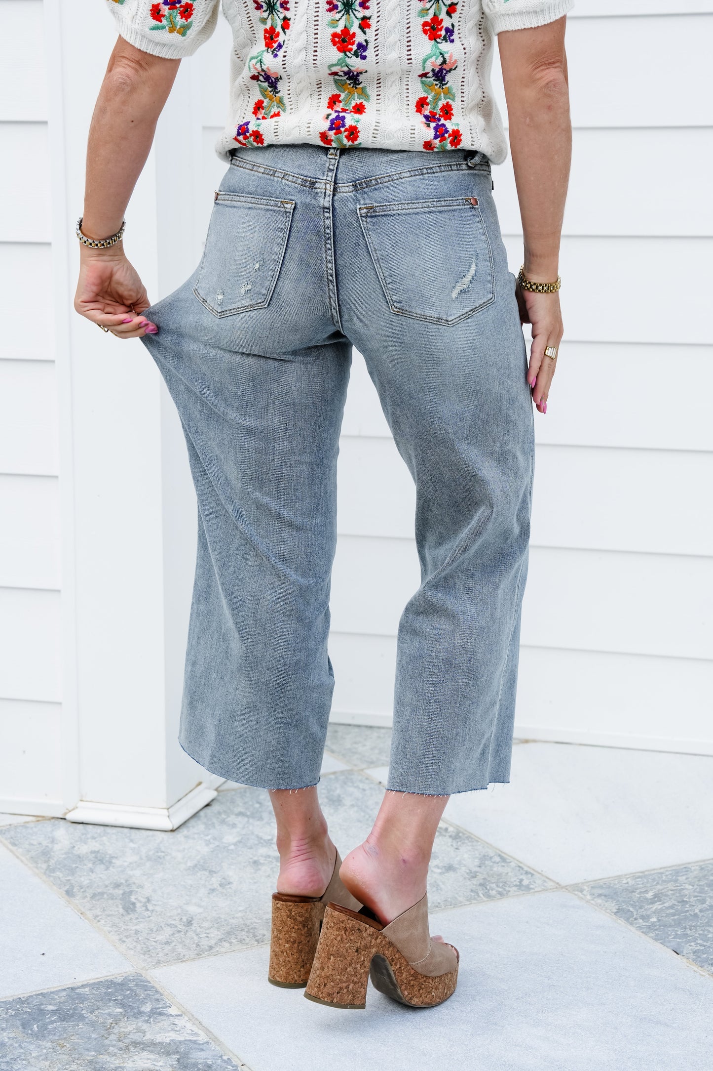 Judy Blue The Olivia Mid Rise Light Wash Tummy Control Raw Hem Cropped Wide Leg Jeans