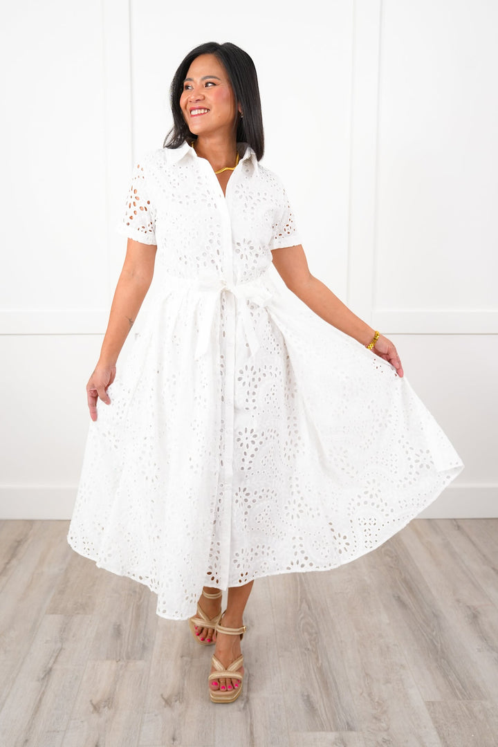 White Eyelet Short Sleeve Button Down Midi Dress with Belt Detail