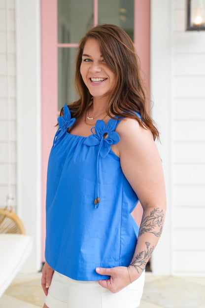 Plus/Reg Poplin Sleeveless Top with 3D Flower Strap Detail