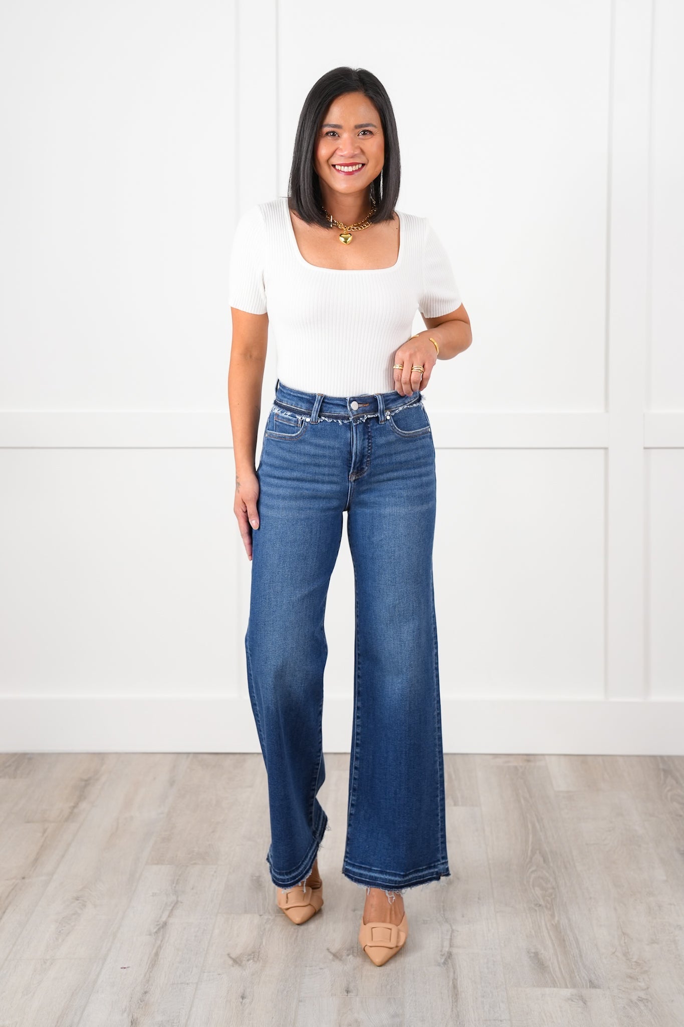 Risen High Rise Dark Wash Tummy Control Wide Leg Jeans with Released Hem