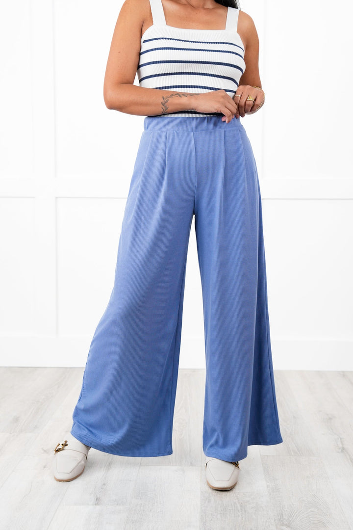 Ribbed Knit High Elastic Waist Wide Leg Pleated Pants (Multiple Colors)