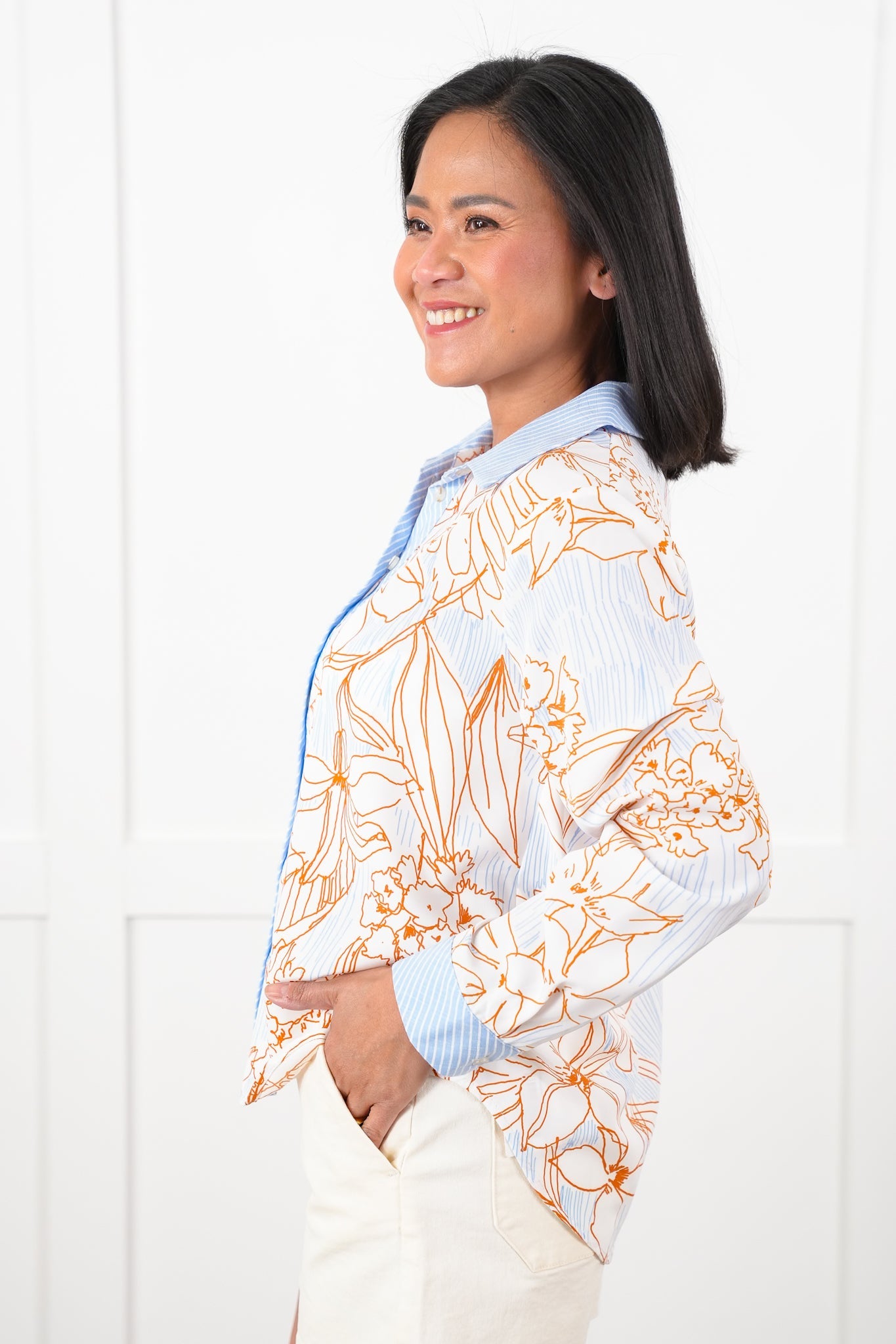 Floral Print Long Button Down Top with Trim Detail