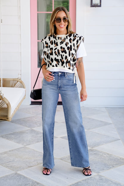 Plus/Reg  Short Sleeve Tee with Layered Leopard Sweater Vest