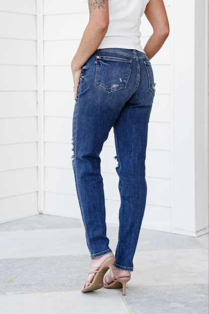 Judy Blue Mid Rise Dark Wash Distressed Boyfriend Jeans with Selvedge Like Detailed Cuff