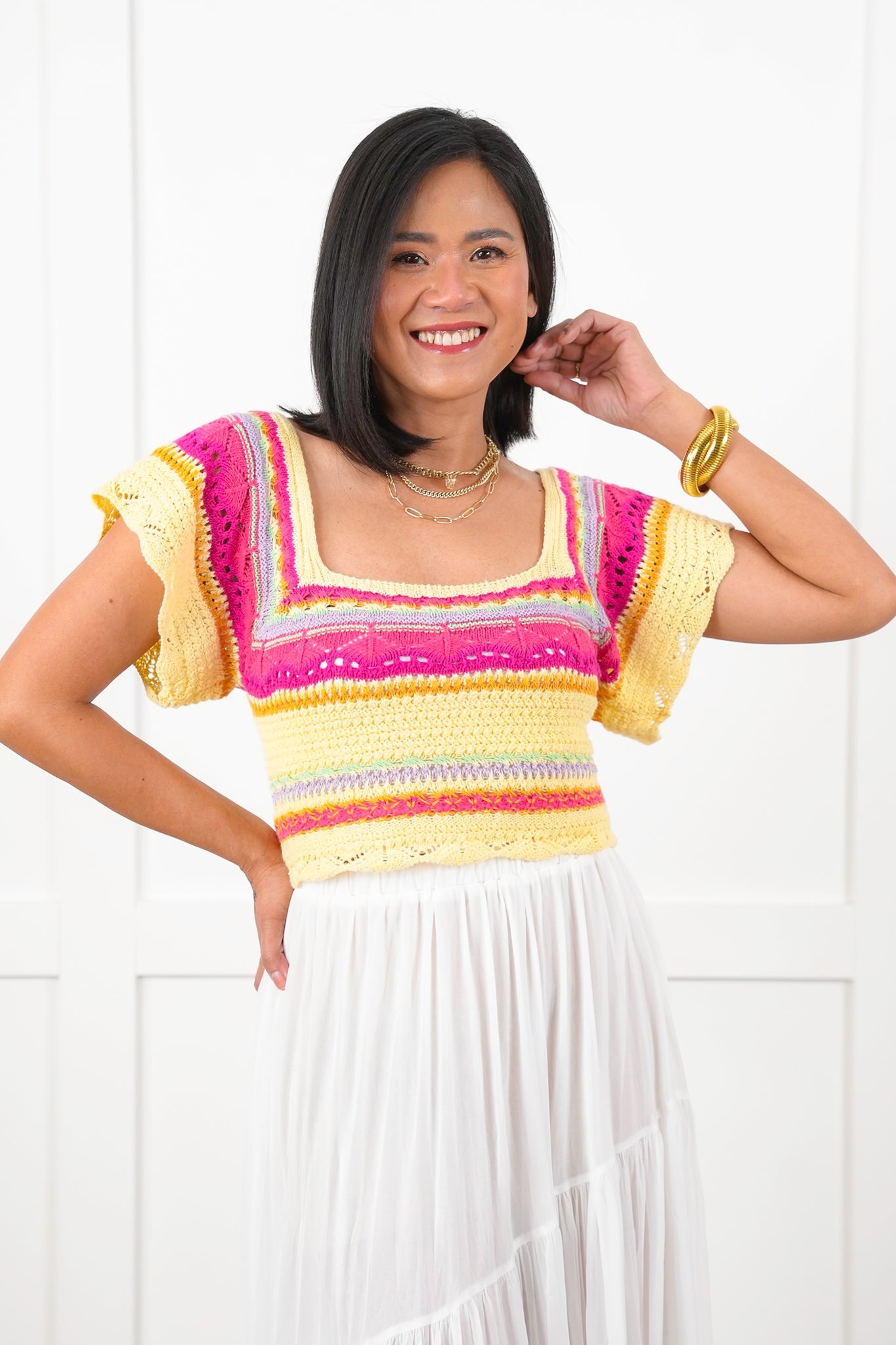 POL Multi Stripe Short Sleeve Square Neck Crop Sweater Top