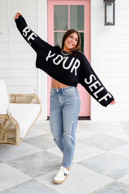 Plus/Reg Long Sleeve "Be Your Self" Cropped Sweater