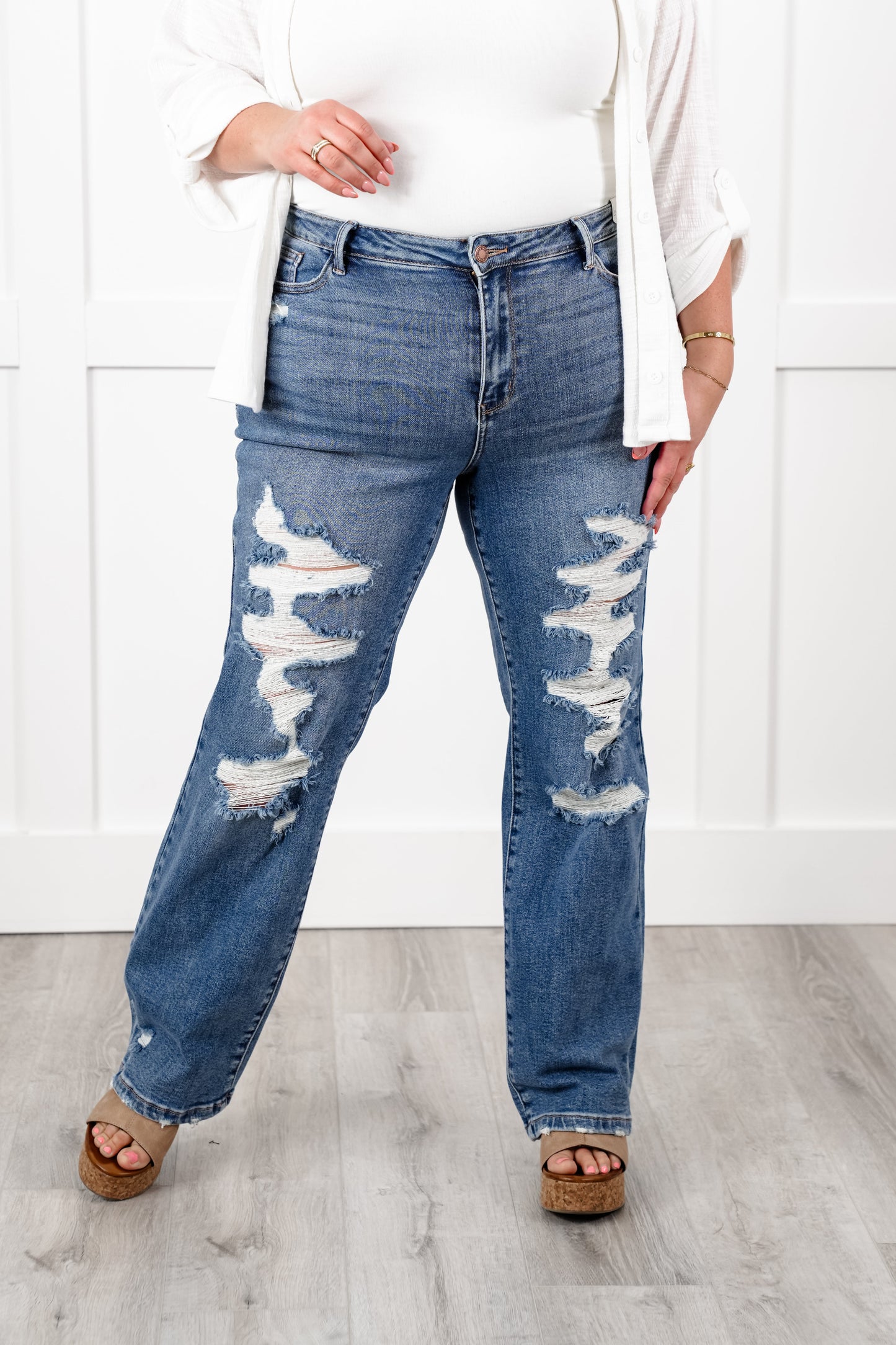 Judy Blue High Rise Medium Wash Heavy Distressed Straight Leg Jeans