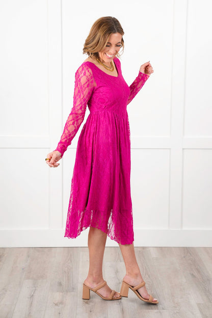 Berry Lace Long Sleeve Layered Maxi Dress
