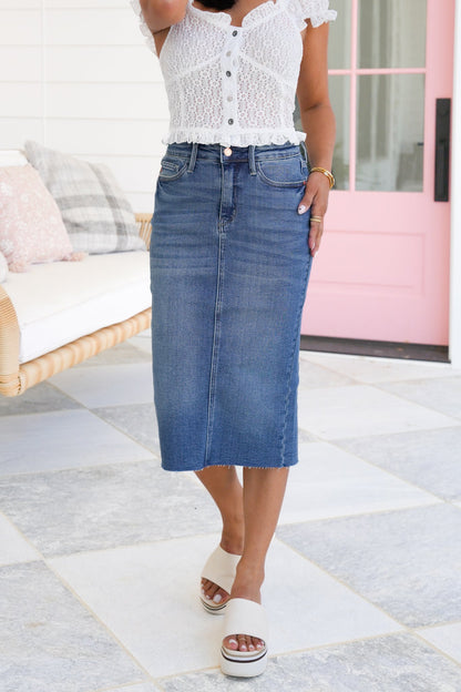 Judy Blue High Rise Medium Wash Mid Length Skirt