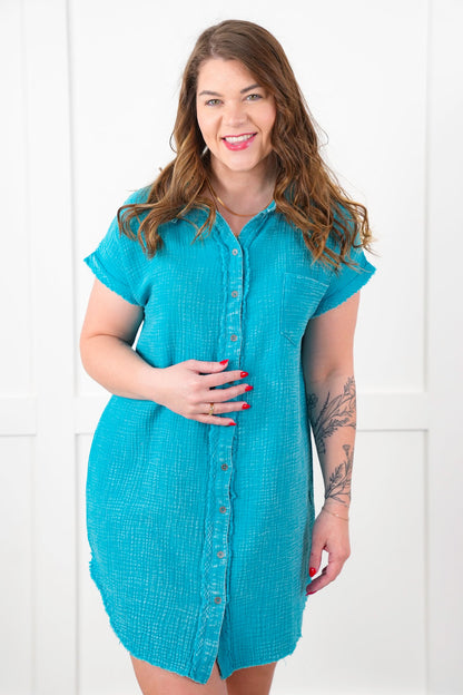 Door Buster! Zenana Washed Button Down Double Gauze Shirt Dress