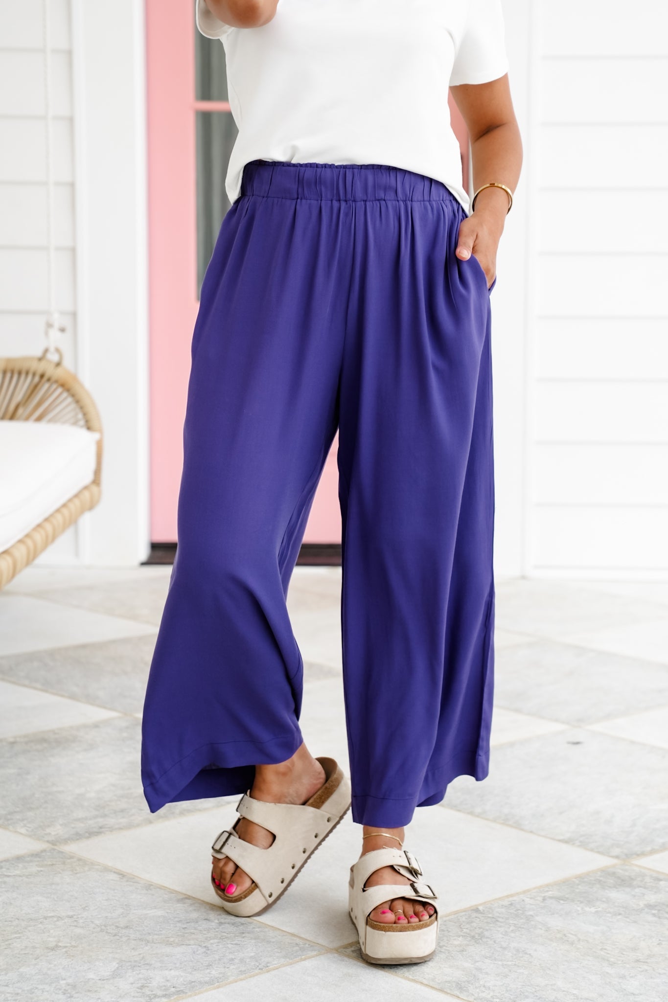 Solid Woven Elastic High Waist Wide Leg Pants