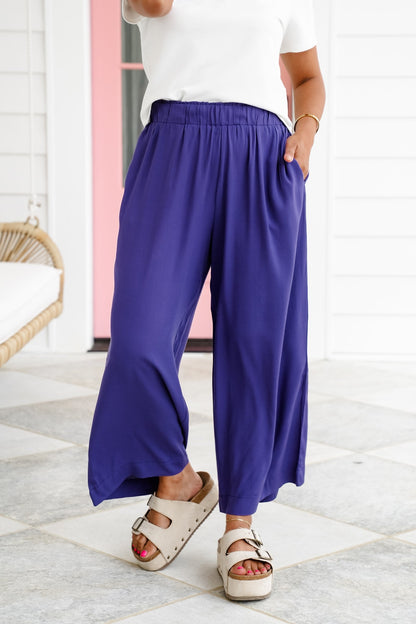 Solid Woven Elastic High Waist Wide Leg Pants