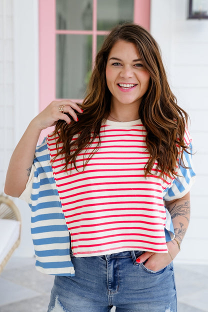 Stripe Color Block Dolman Sleeve Top with Front Slit Detail