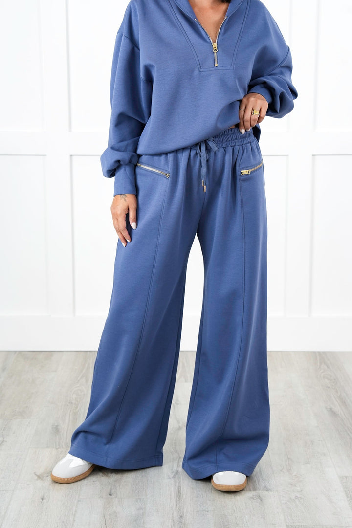 Restock! Soft Elastic Waistband Wide Leg Sweat Pants with Zipper Closure Pockets