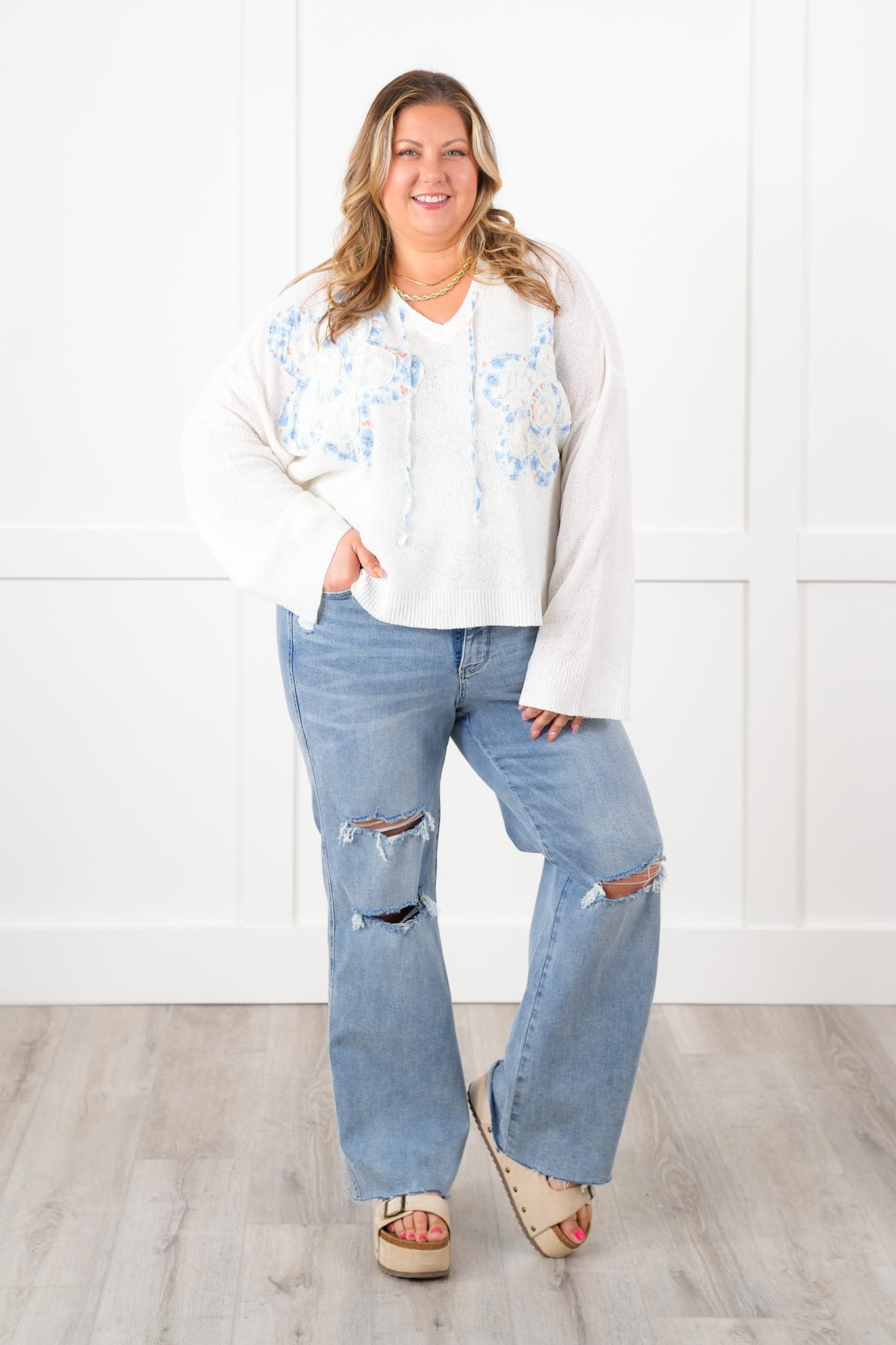 POL Long Sleeve Hooded Sweater with Floral Detail