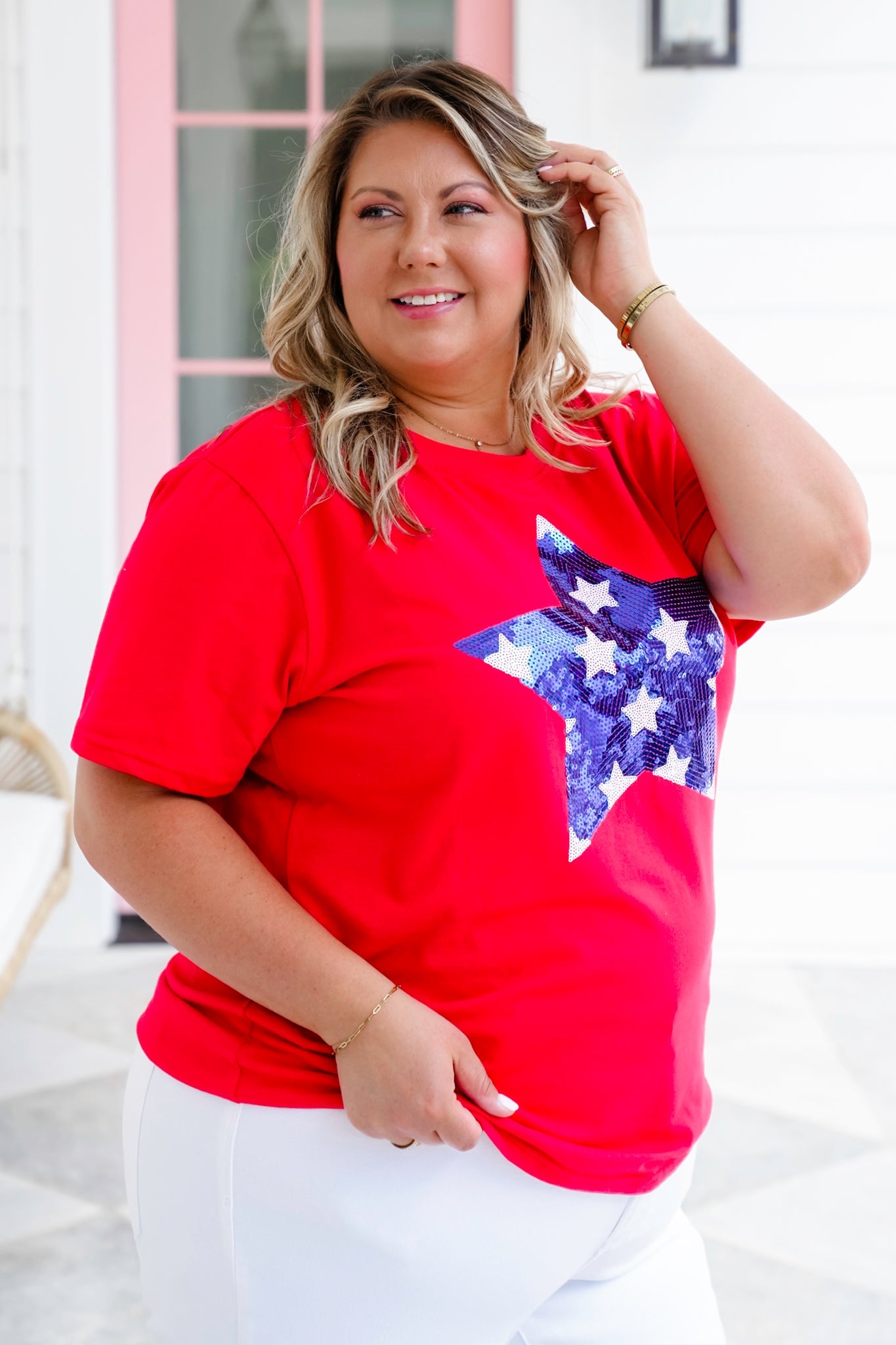 Plus/Reg Red Short Sleeve Top with Sequin Star Detail