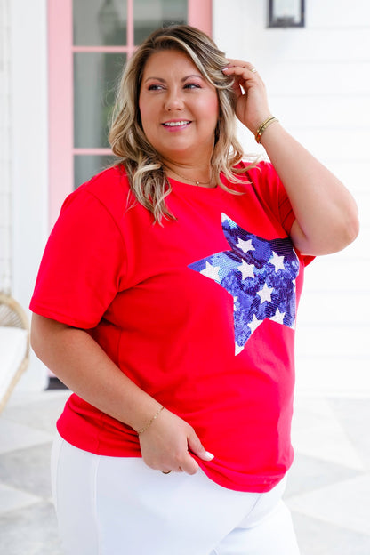 Plus/Reg Red Short Sleeve Top with Sequin Star Detail