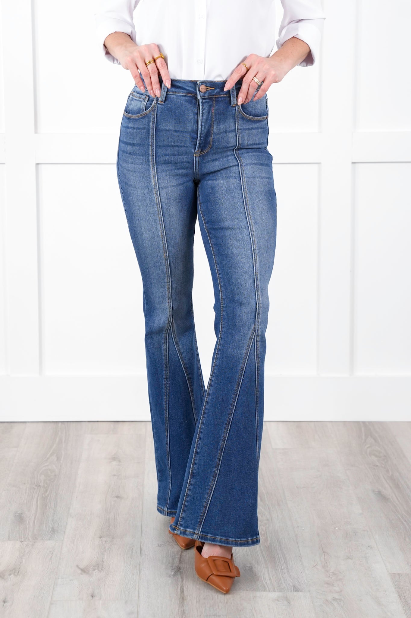 Risen High Rise Dark Wash Flare Jeans with Front Seam Detail