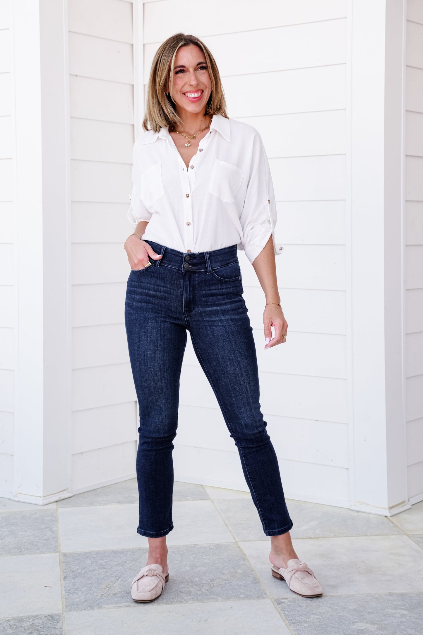 Judy Blue High Rise Dark Wash Double Waist Band Capri