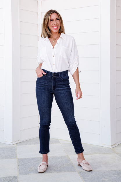 Judy Blue High Rise Dark Wash Double Waist Band Capri