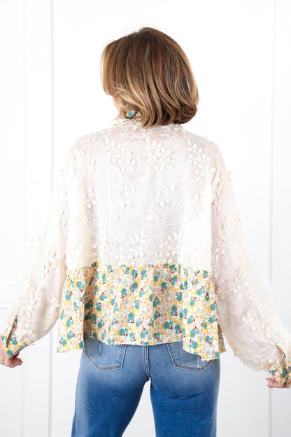 POL Sheer Lace Long Sleeve Button Down Top with Floral Detail