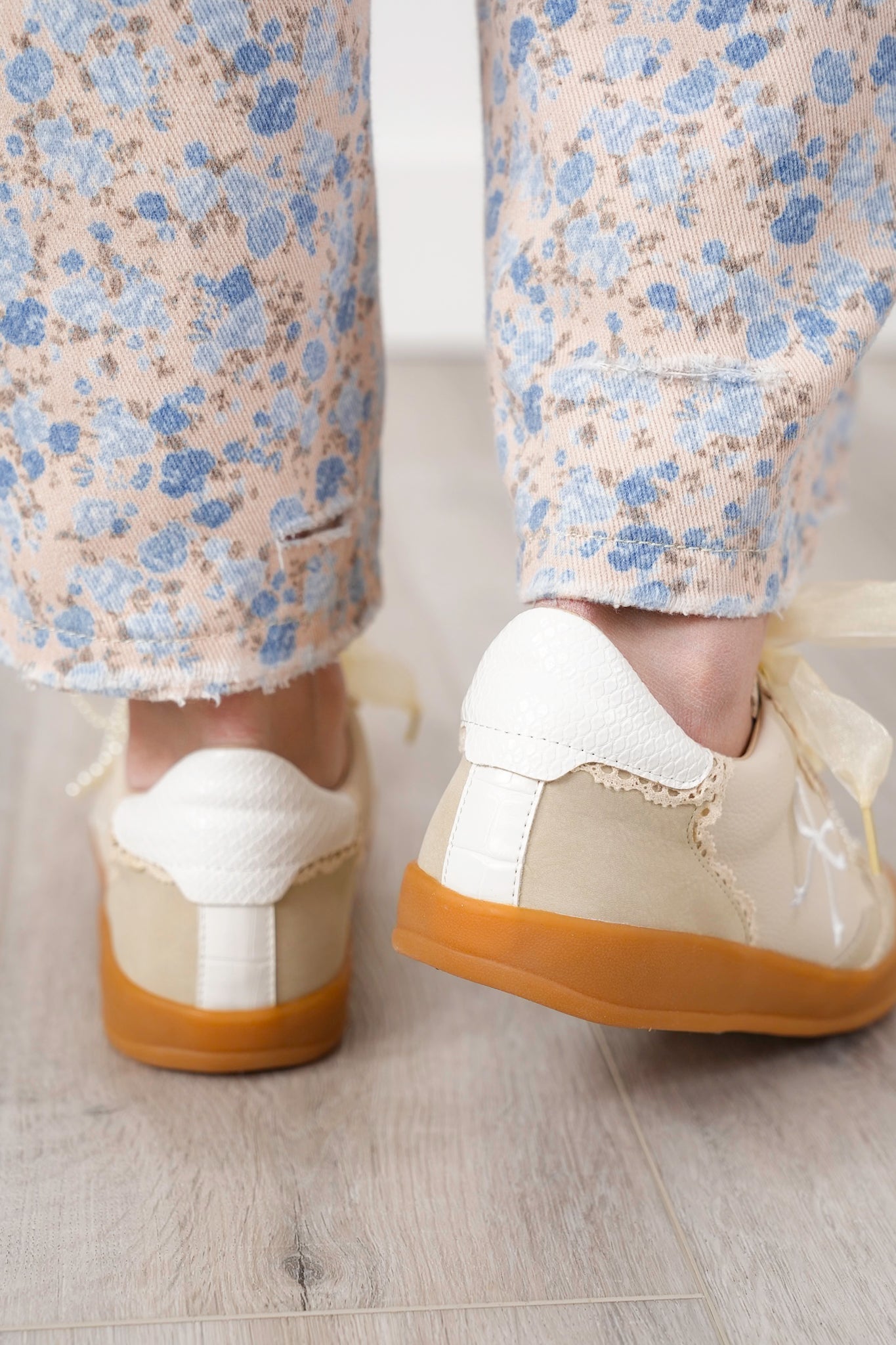 Pearl and Bow Detailing Sneakers with Lace Accents