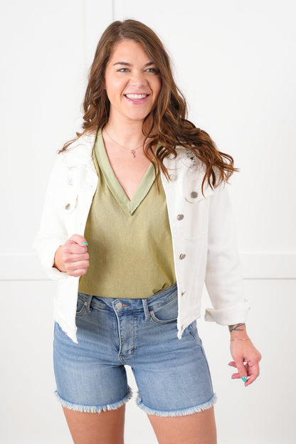 POL Stone Wash Short Sleeve V-Neck Top