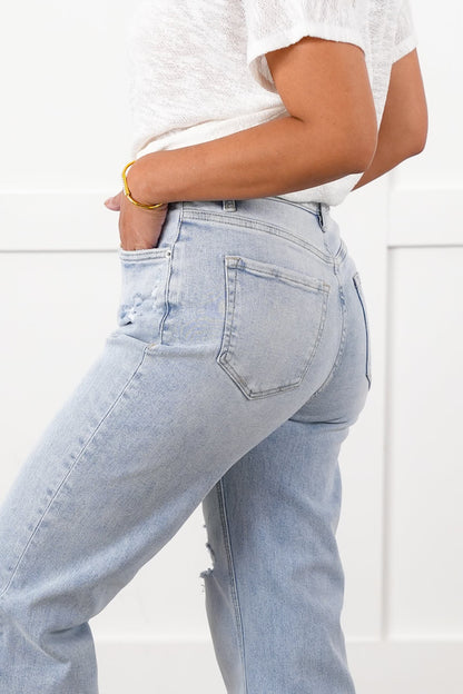 Mica High Rise Light Wash Raw Hem Wide Leg Jeans
