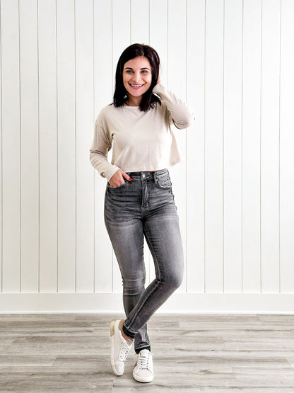 Judy Blue 50 Shades of Grey High Rise Grey Wash Tummy Control Skinny Jeans With Release  Hem