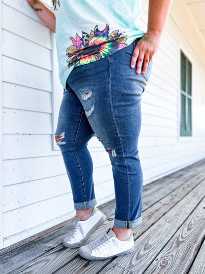 Judy Blue Boy Toy Light Wash High Rise Cuffed Boyfriend Distressed Jeans