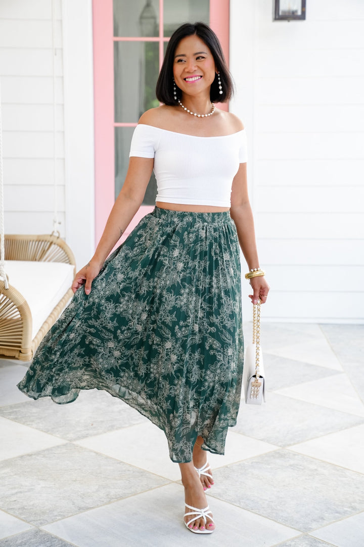 Green Floral Elastic Waist Pleated Long Skirt