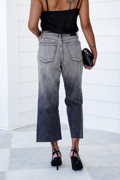 Judy Blue High Rise Vintage Grey Wash Cropped Wide Leg Jeans with Front Pocket Embroidery