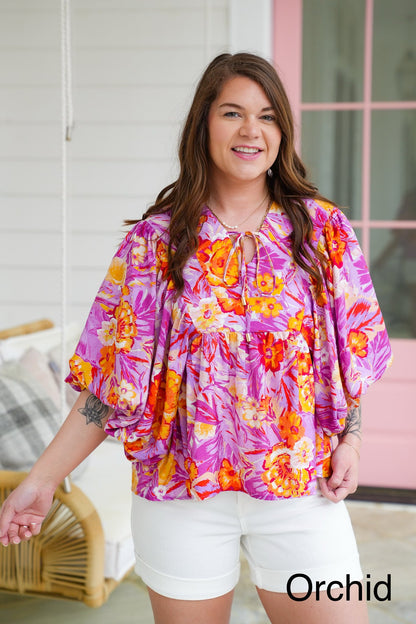 Plus/Reg Tropical Floral Print Dolman Sleeve V Neck Top