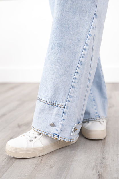 Denim Mineral Wash Elastic Waistband Flare Pants With Pocket Detail