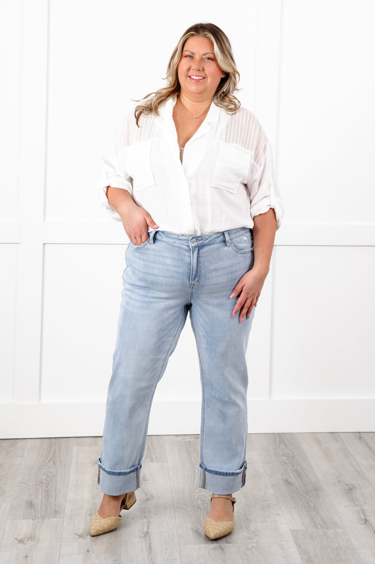 Mica Mid Rise Light Wash Cuffed Straight Leg Jeans