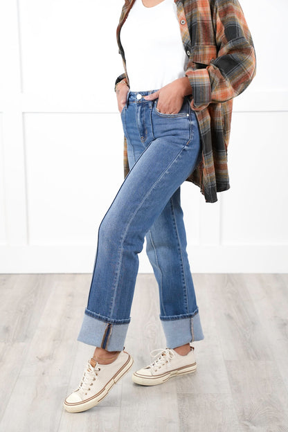 Risen High Rise Medium Wash Wide Leg Straight Cuffed Ankle Jeans