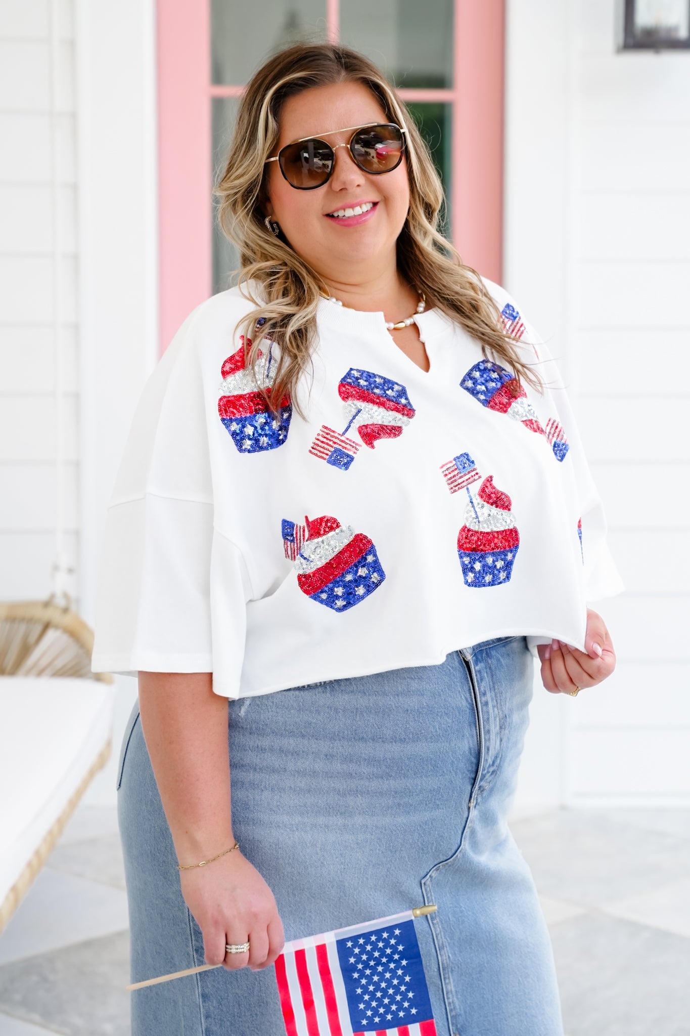 Short Sleeve Cropped Tee Shirt with Sequin American Flag Cupcake Detail