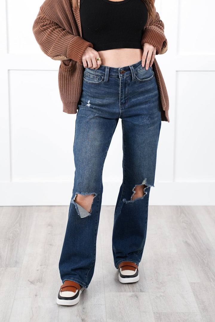 Judy Blue High Rise Dark Wash Ripped Knee Dad Jeans