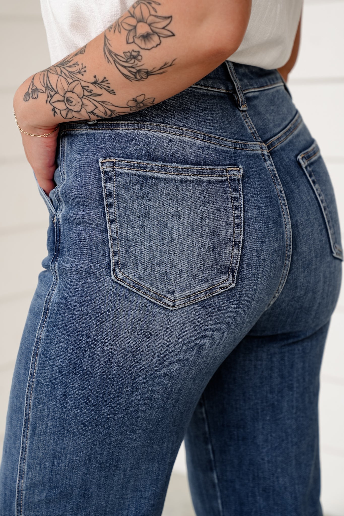 Mica High Rise Medium Wash Cuffed Wide Leg Jeans with Hidden Button Fly