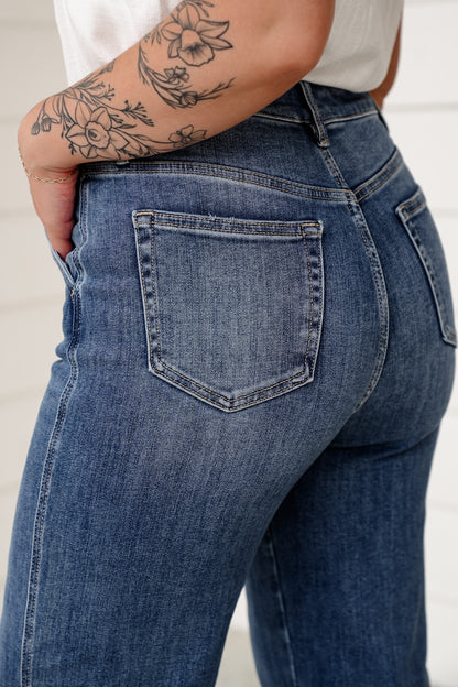 Mica High Rise Medium Wash Cuffed Wide Leg Jeans with Hidden Button Fly