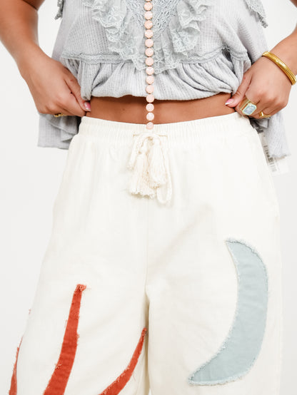 Elastic Waist Sun, Moon, & Stars Patch Wide Leg Pants