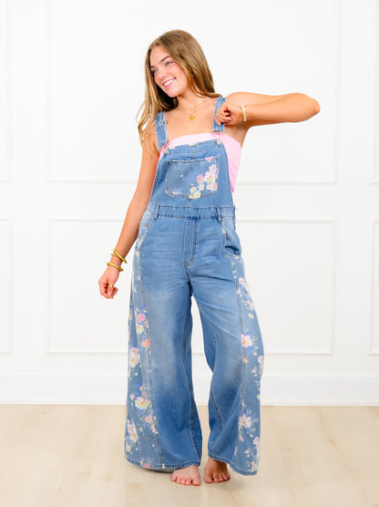 Plus/Reg Light Wash Wide Leg Overalls with Floral Print